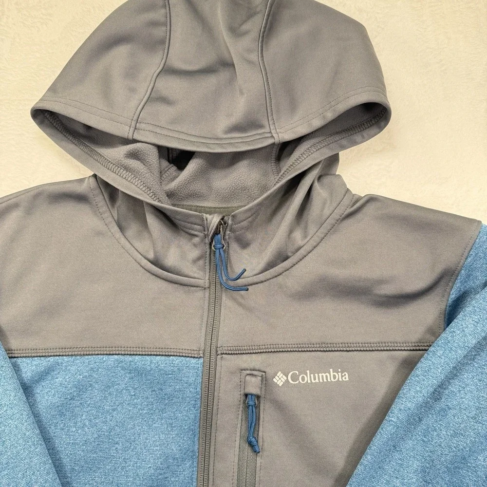 Columbia Men's Full Zip Hooded Fleece Jacket Medium Blue/Gray Colorblock Pockets